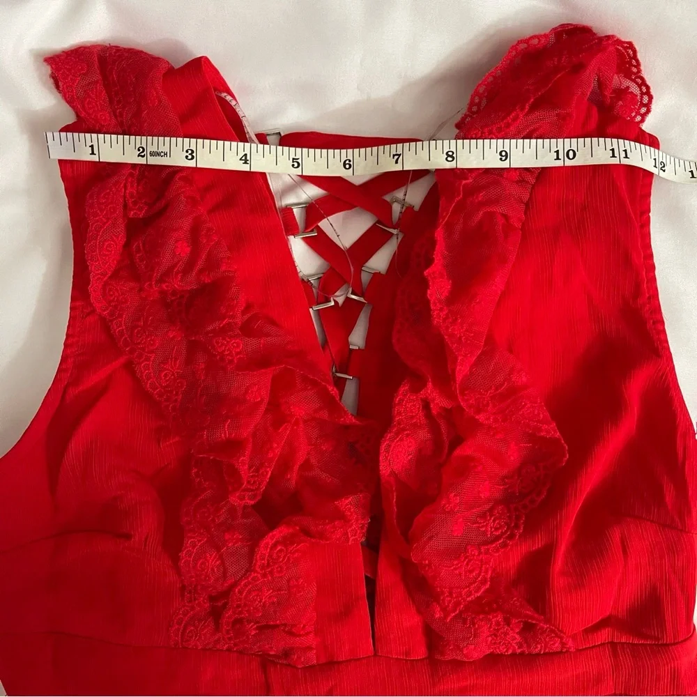 Red V-neckline lace ruffle crisscross back cutout dress - Picture 8 of 13